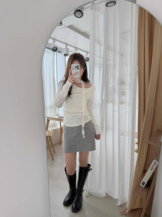 Drape Shirred Slim Fit Long Sleeve T-shirt Choker Set