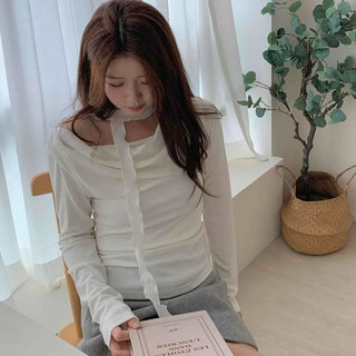 Drape Shirred Slim Fit Long Sleeve T-shirt Choker Set