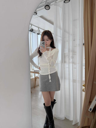 Drape Shirred Slim Fit Long Sleeve T-shirt Choker Set