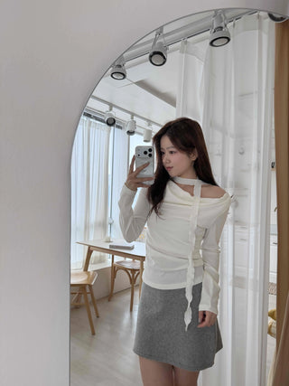Drape Shirred Slim Fit Long Sleeve T-shirt Choker Set