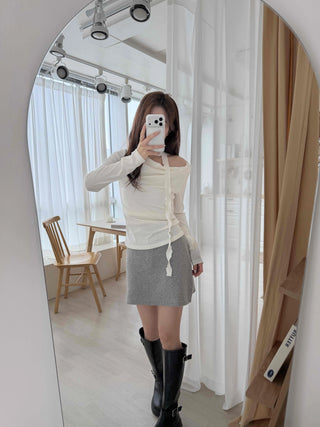 Drape Shirred Slim Fit Long Sleeve T-shirt Choker Set