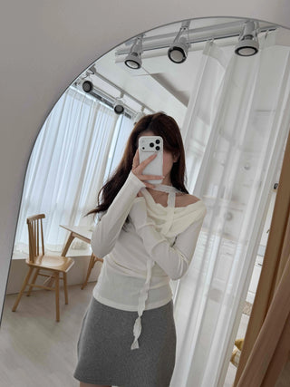 Drape Shirred Slim Fit Long Sleeve T-shirt Choker Set