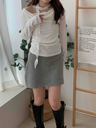 Drape Shirred Slim Fit Long Sleeve T-shirt Choker Set
