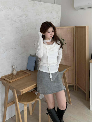 Drape Shirred Slim Fit Long Sleeve T-shirt Choker Set