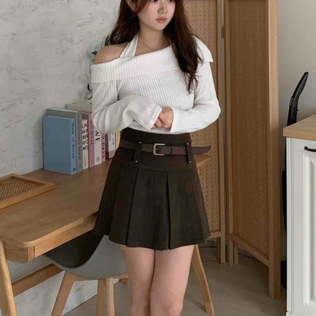 High-waisted Belted Pleated Mini Skirt