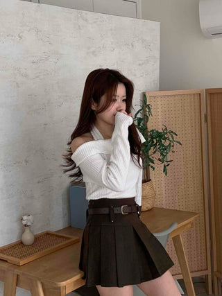 High-waisted Belted Pleated Mini Skirt