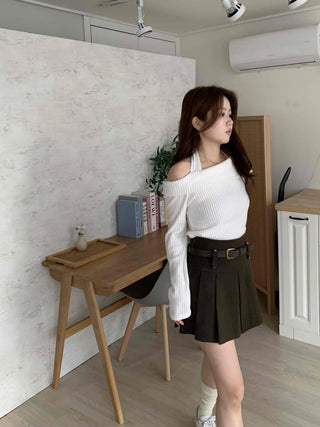 High-waisted Belted Pleated Mini Skirt