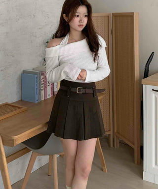High-waisted Belted Pleated Mini Skirt