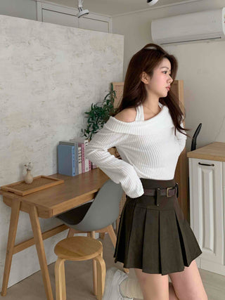 High-waisted Belted Pleated Mini Skirt