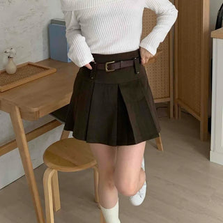 High-waisted Belted Pleated Mini Skirt