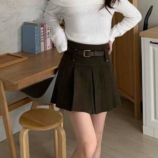 High-waisted Belted Pleated Mini Skirt