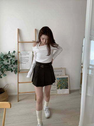 High-waisted Belted Pleated Mini Skirt
