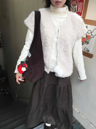Pom-Pom String Fluffy Fleece Short Vest
