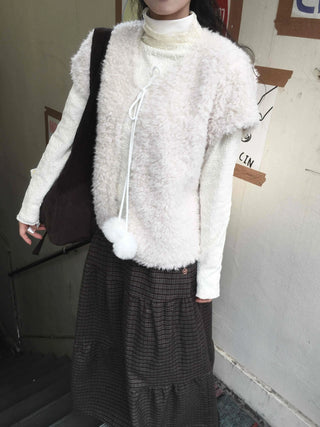 Pom-Pom String Fluffy Fleece Short Vest