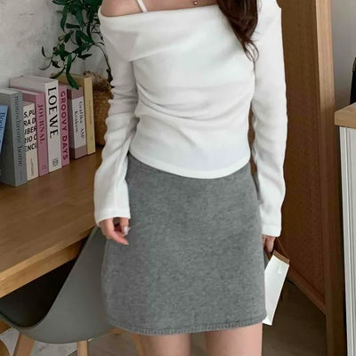 Off-shoulder Slim Drape Brushed Long Sleeve T-shirt