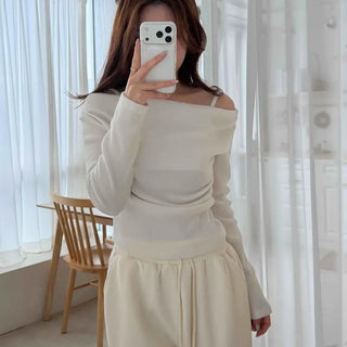 Off-shoulder Slim Drape Brushed Long Sleeve T-shirt