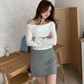 Off-shoulder Slim Drape Brushed Long Sleeve T-shirt