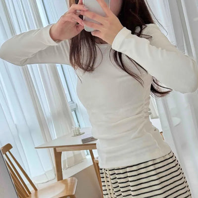 Soft Side Shirring Slim Fit Round Fleece Long Sleeve T-shirt