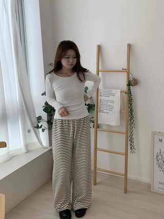 Soft Side Shirring Slim Fit Round Fleece Long Sleeve T-shirt
