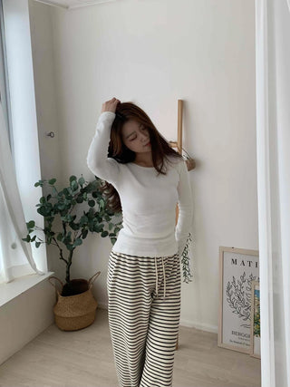 Soft Side Shirring Slim Fit Round Fleece Long Sleeve T-shirt