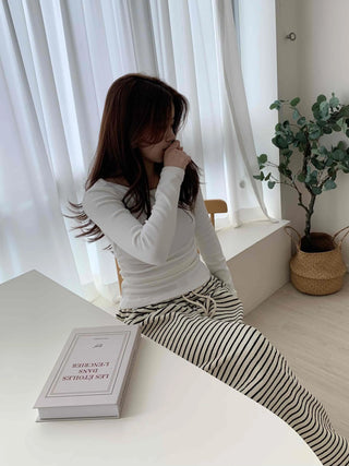 Soft Side Shirring Slim Fit Round Fleece Long Sleeve T-shirt