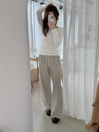 Soft Side Shirring Slim Fit Round Fleece Long Sleeve T-shirt