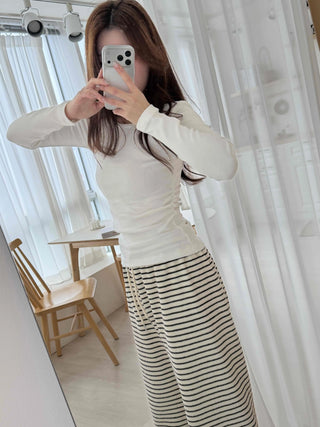 Soft Side Shirring Slim Fit Round Fleece Long Sleeve T-shirt