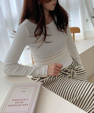Soft Side Shirring Slim Fit Round Fleece Long Sleeve T-shirt
