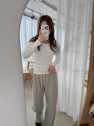 Soft Side Shirring Slim Fit Round Fleece Long Sleeve T-shirt
