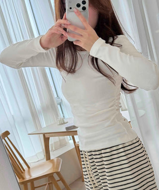 Soft Side Shirring Slim Fit Round Fleece Long Sleeve T-shirt