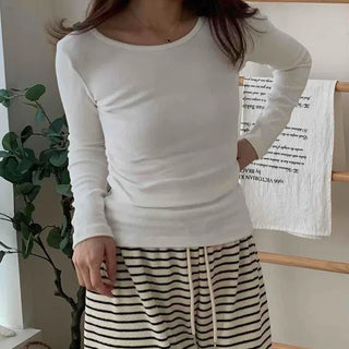 Soft Side Shirring Slim Fit Round Fleece Long Sleeve T-shirt