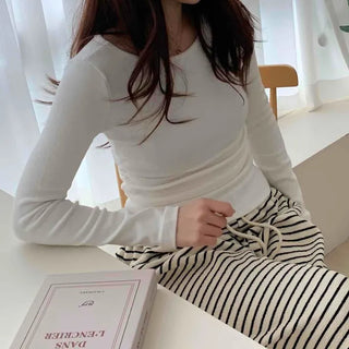 Soft Side Shirring Slim Fit Round Fleece Long Sleeve T-shirt