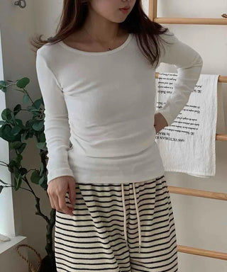 Soft Side Shirring Slim Fit Round Fleece Long Sleeve T-shirt