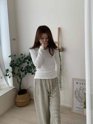 Soft Side Shirring Slim Fit Round Fleece Long Sleeve T-shirt