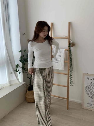 Soft Side Shirring Slim Fit Round Fleece Long Sleeve T-shirt