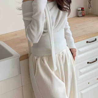 Draping Off-Shoulder Choker Loose Fit Fleece-Lined T-Shirt