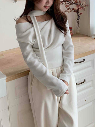 Draping Off-Shoulder Choker Loose Fit Fleece-Lined T-Shirt