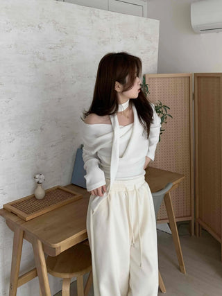 Draping Off-Shoulder Choker Loose Fit Fleece-Lined T-Shirt