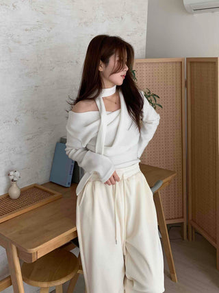 Draping Off-Shoulder Choker Loose Fit Fleece-Lined T-Shirt