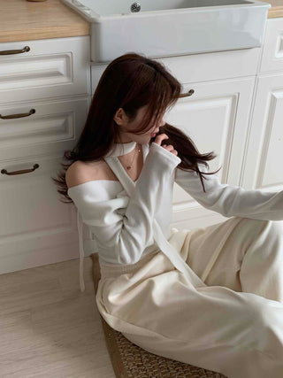 Draping Off-Shoulder Choker Loose Fit Fleece-Lined T-Shirt