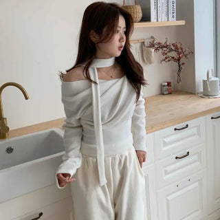 Draping Off-Shoulder Choker Loose Fit Fleece-Lined T-Shirt