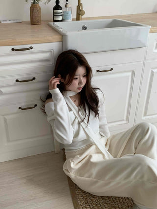 Draping Off-Shoulder Choker Loose Fit Fleece-Lined T-Shirt