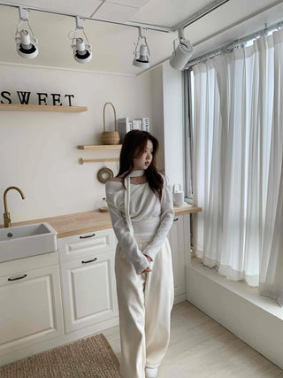 Draping Off-Shoulder Choker Loose Fit Fleece-Lined T-Shirt