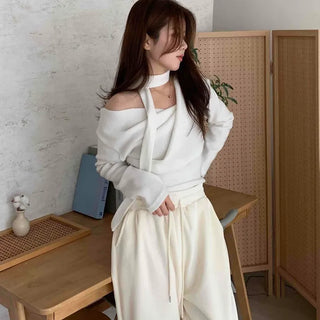 Draping Off-Shoulder Choker Loose Fit Fleece-Lined T-Shirt