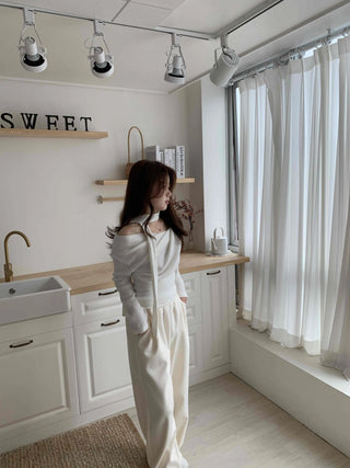 Draping Off-Shoulder Choker Loose Fit Fleece-Lined T-Shirt