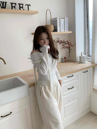 Draping Off-Shoulder Choker Loose Fit Fleece-Lined T-Shirt