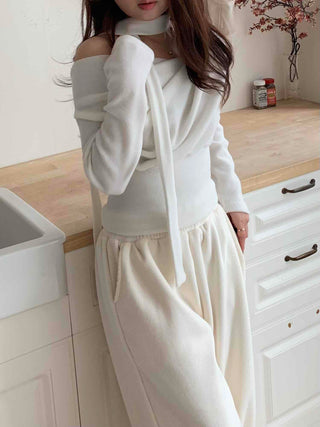 Draping Off-Shoulder Choker Loose Fit Fleece-Lined T-Shirt