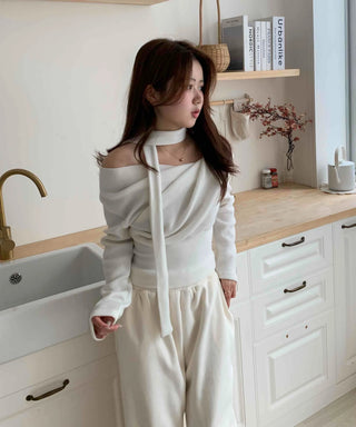 Draping Off-Shoulder Choker Loose Fit Fleece-Lined T-Shirt