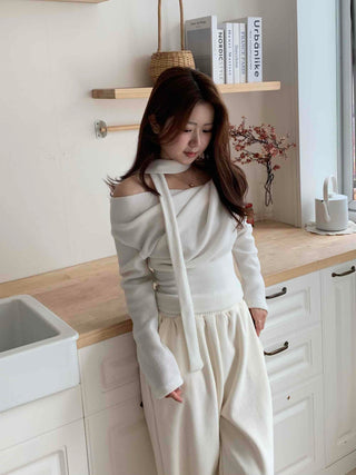 Draping Off-Shoulder Choker Loose Fit Fleece-Lined T-Shirt