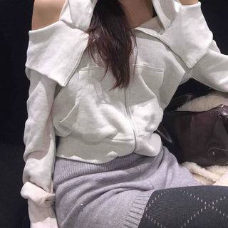 Soft Mood Cold Shoulder Loose Fit Zip-Up Hoodie